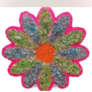 Vibrant 12in Floral Mosaic Art Piece Handcrafted From Crushed Glass